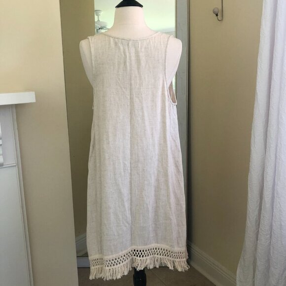 Bad Little Country Girl Tina Linen Blend Dress Crochet Fringe Hem Medium Boho - Picture 4 of 10